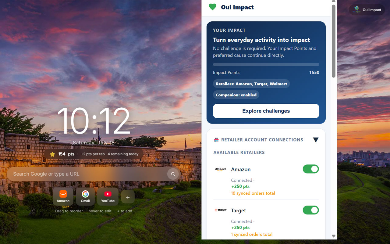 Oui Impact extension popup with points and retailer account connections