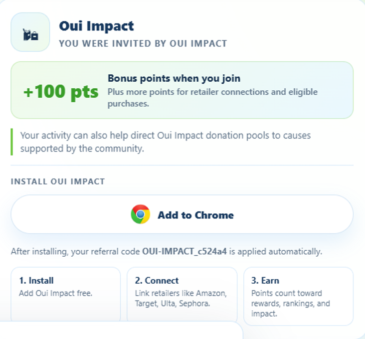 Oui Impact referral landing page with invite points and setup steps