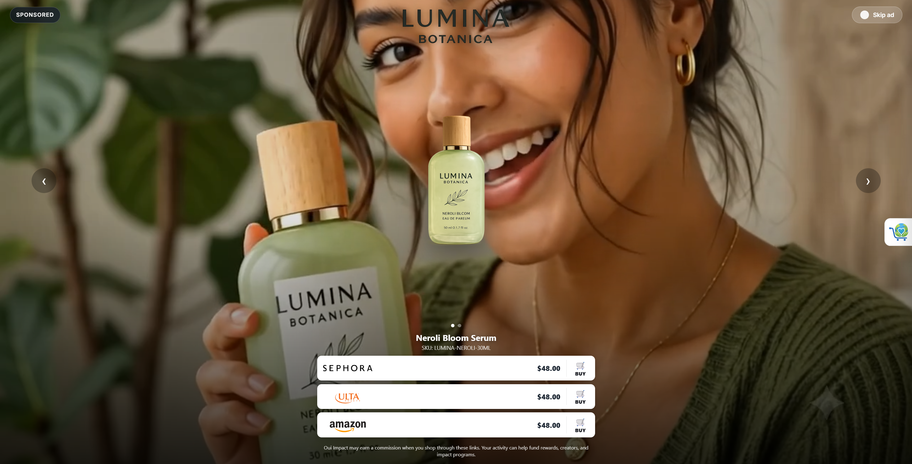 Lumina Botanica shoppable product carousel